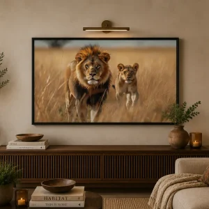 Savanna Legacy Frame in Black Frame – Majestic Lion and Cub Wildlife Wall Art