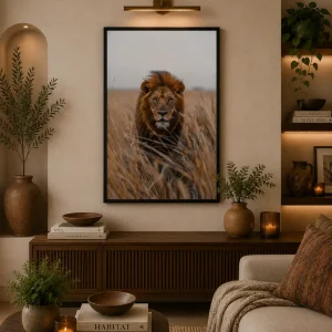 Savanna Monarch Frame in Black Frame – Majestic Lion in Golden Grassland Wildlife Wall Art