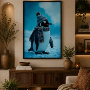Frostbound Explorer Frame in Black Frame – Penguin Wearing Winter Hat and Scarf Wall Art