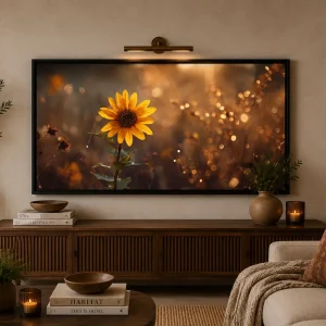 Golden Bloom Frame in Black Frame – Sunflower Glowing in Golden Light Wall Art