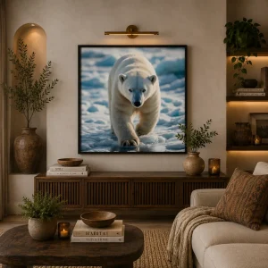Arctic Titan Frame in Black Frame – Majestic Polar Bear Walking Across Arctic Ice Wall Art