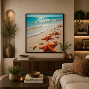 Monochrome Elegance Frame in Black Frame – Elegant Coastal Beach with Starfish and Seashells Wall Art