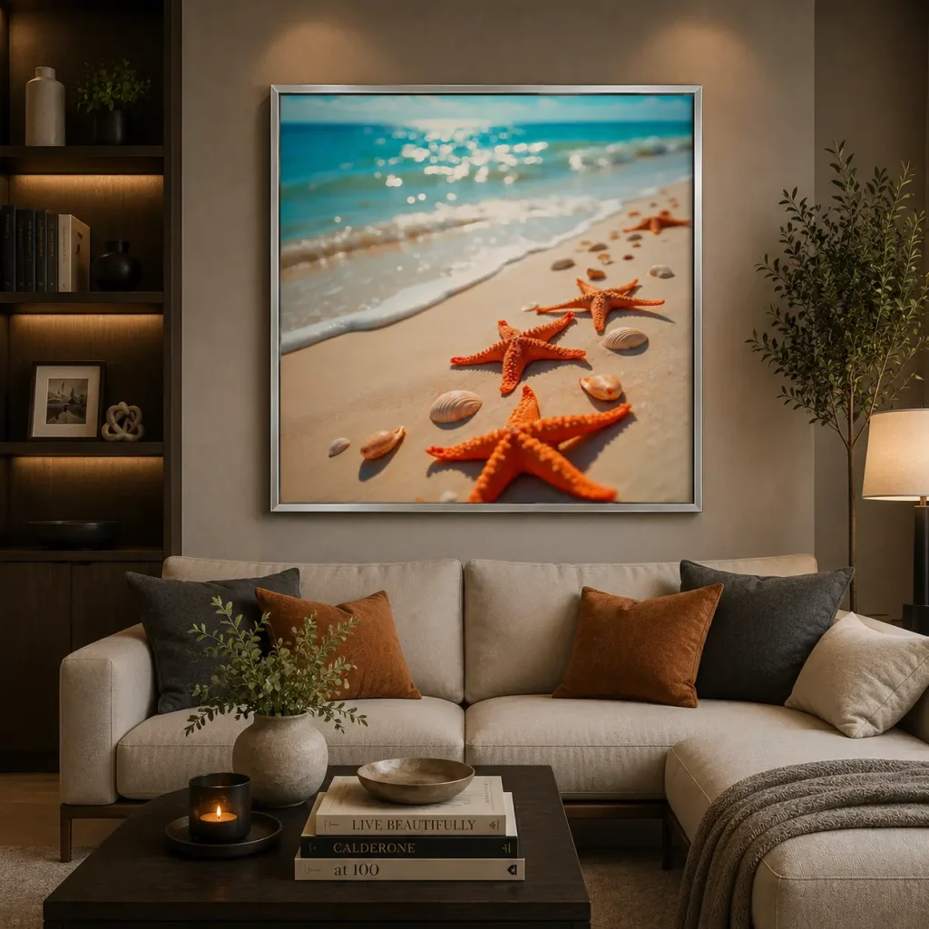 Monochrome Elegance Frame in Silver Frame – Coastal Beach Photography with Starfish Wall Decor