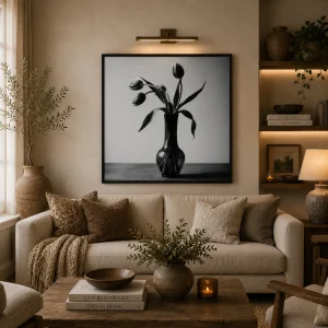 Azure Sanctuary Frame in Black Frame – Black and White Tulip Vase Minimalist Wall Art