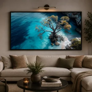 Ocean Breeze Frame in Black Frame – Coastal Tree Over Crystal Blue Waters Wall Art