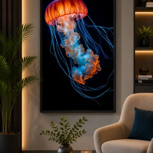 Luminous Drift Frame in Black Frame – Glowing Jellyfish Underwater Wall Art