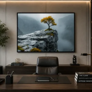 Cliffside Serenity Frame in Black Frame – Lone Tree on Rocky Cliff Landscape Wall Art