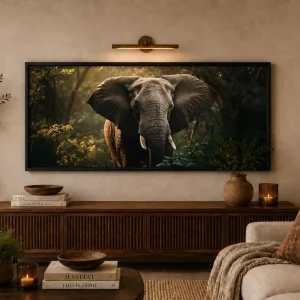 Majestic Wilderness Frame in Black Frame – Elephant Walking Through Forest Wildlife Wall Art