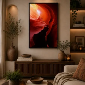 Crimson Canyon Glow Frame in Black Frame – Abstract Red Canyon Light Wall Art