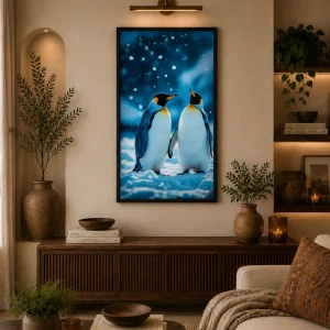 Winter Companions Frame in Black Frame – Two Penguins in Snow Wildlife Wall Art