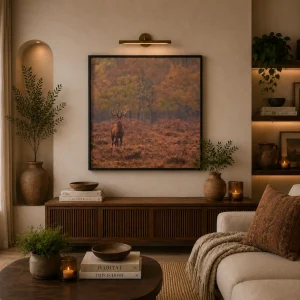 Autumn Sentinel Frame in Black Frame – Majestic Stag in Autumn Forest Wildlife Wall Art