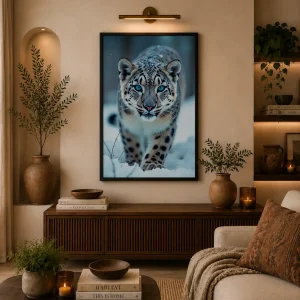 Arctic Gaze Frame in Black Frame – Snow Leopard in Winter Wildlife Wall Art