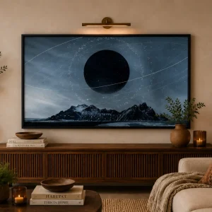Celestial Eclipse Frame in Black Frame – Eclipse Over Mountain Landscape Wall Art