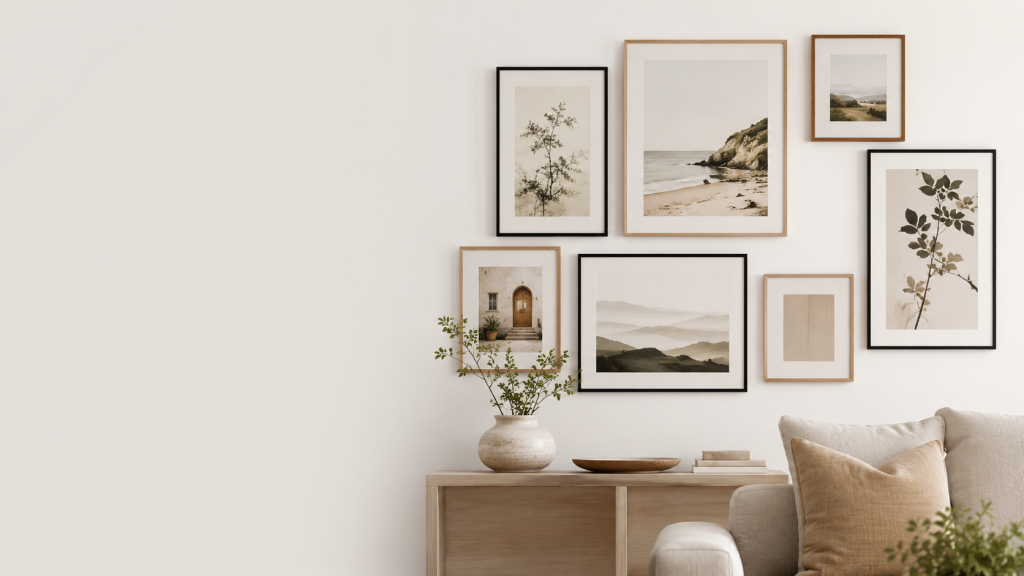 Premium wall art and custom frames displayed in a modern living room gallery wall.