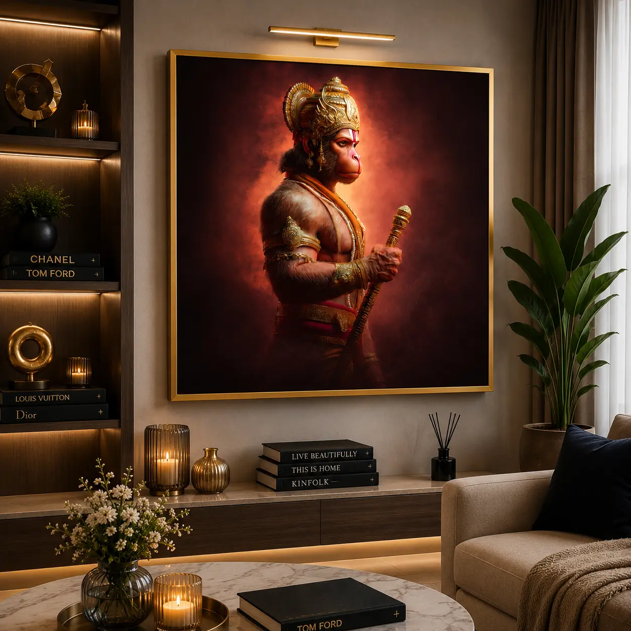 Hanuman Valor Frame in Gold Frame – Divine Lord Hanuman Spiritual Framed Artwork