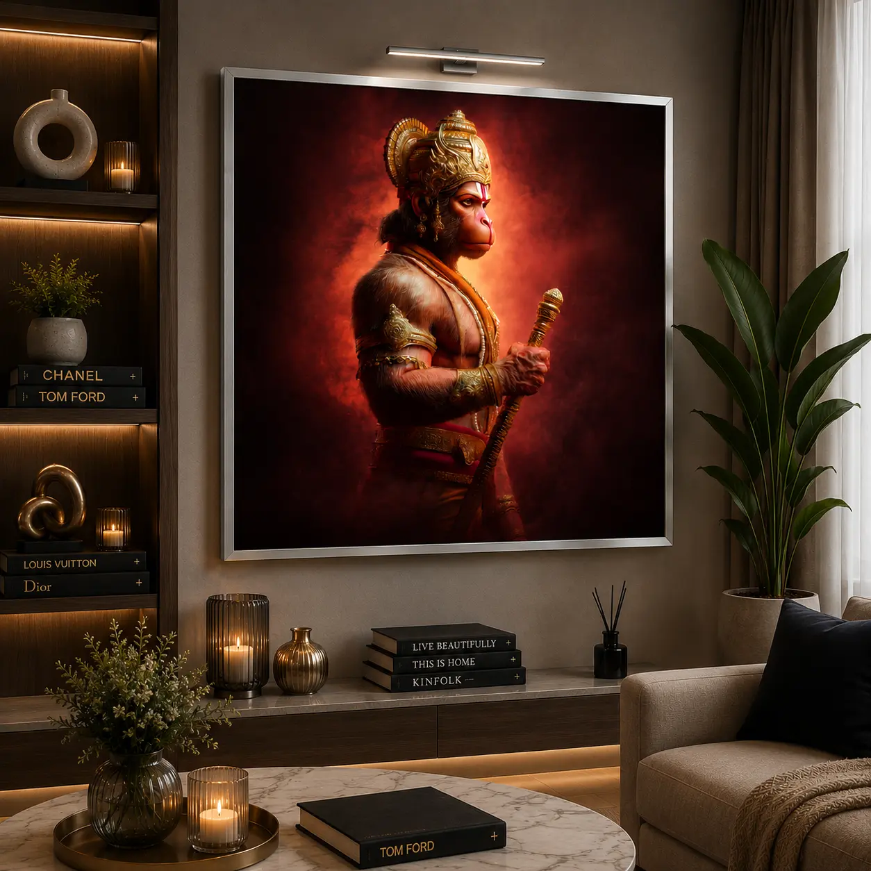 Hanuman Valor Frame in Silver Frame – Majestic Lord Hanuman Religious Wall Decor