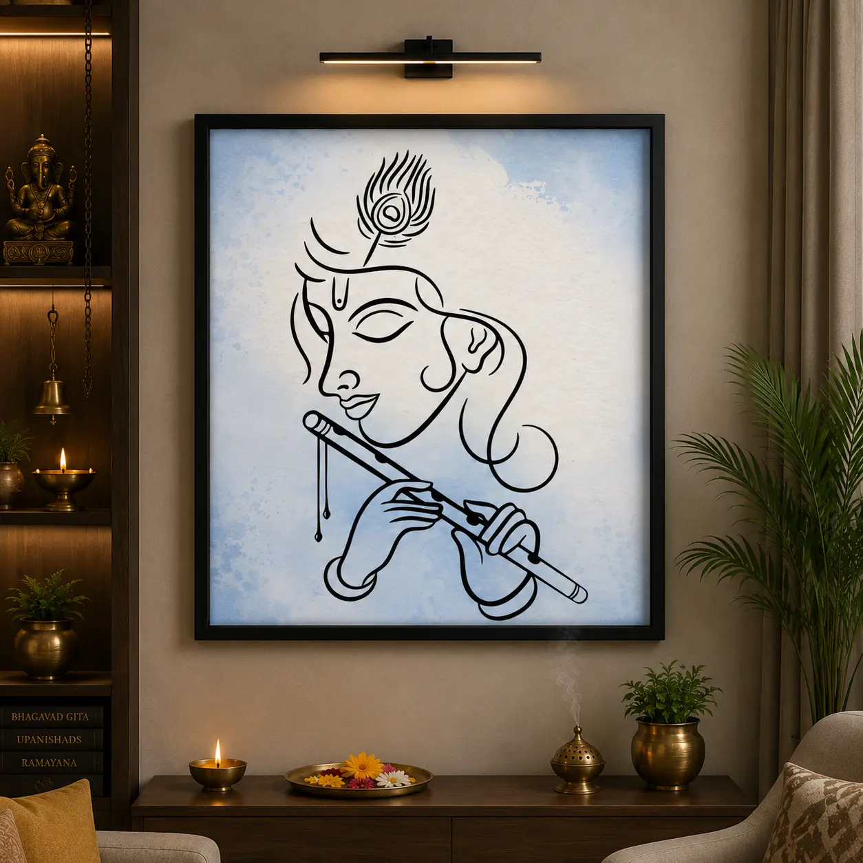 Minimal Krishna Melody Frame in Black Frame – Minimalist Lord Krishna with Flute Devotional Wall Art