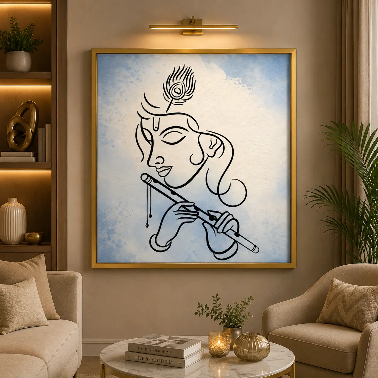 Minimal Krishna Melody Frame in Gold Frame – Elegant Lord Krishna Flute Spiritual Framed Artwork