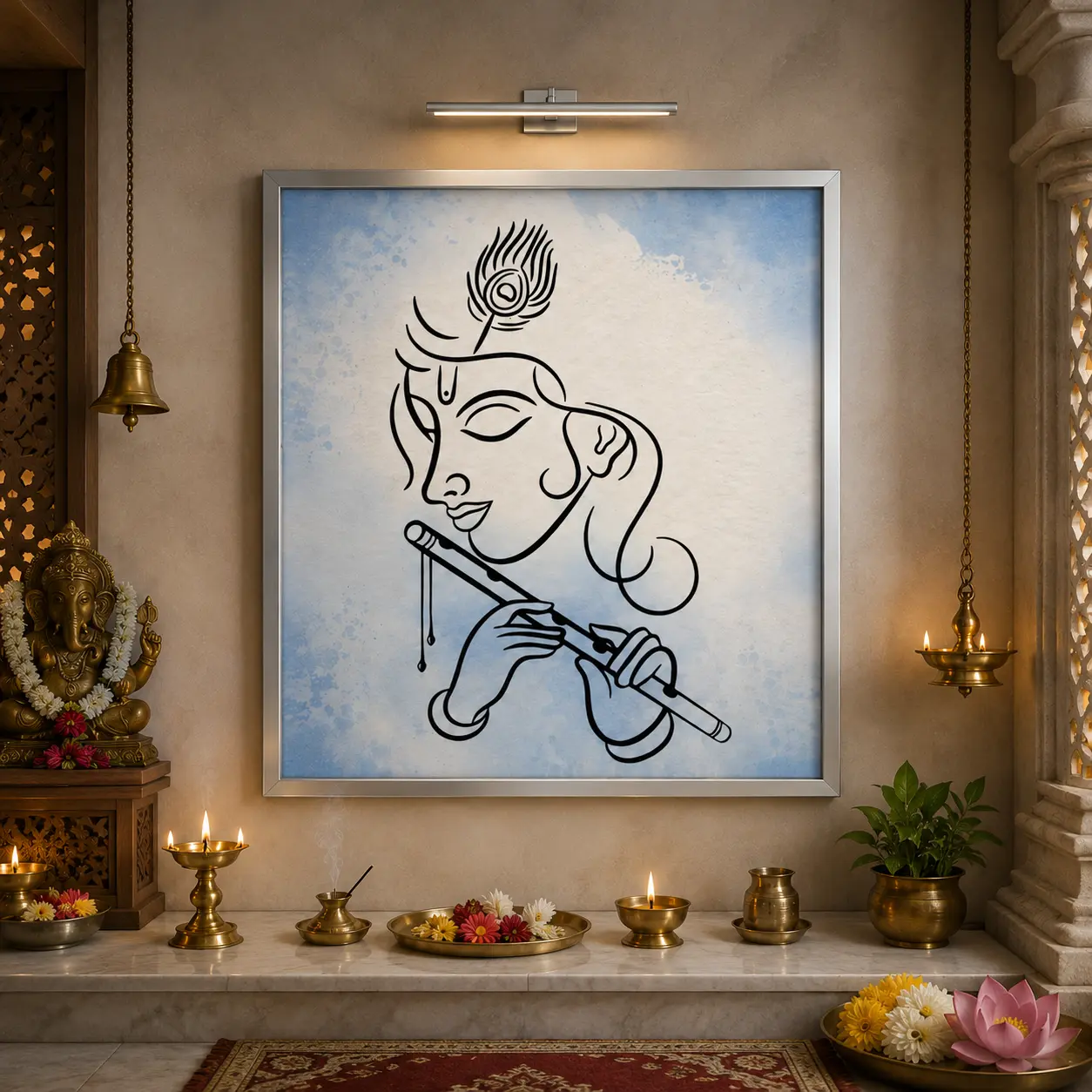 Minimal Krishna Melody Frame in Silver Frame – Minimal Lord Krishna Religious Wall Decor