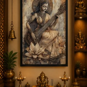 Vintage Saraswati Harmony Frame in Black Frame – Vintage Goddess Saraswati Devotional Wall Art
