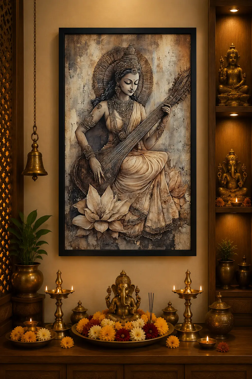 Vintage Saraswati Harmony Frame in Black Frame – Vintage Goddess Saraswati Devotional Wall Art