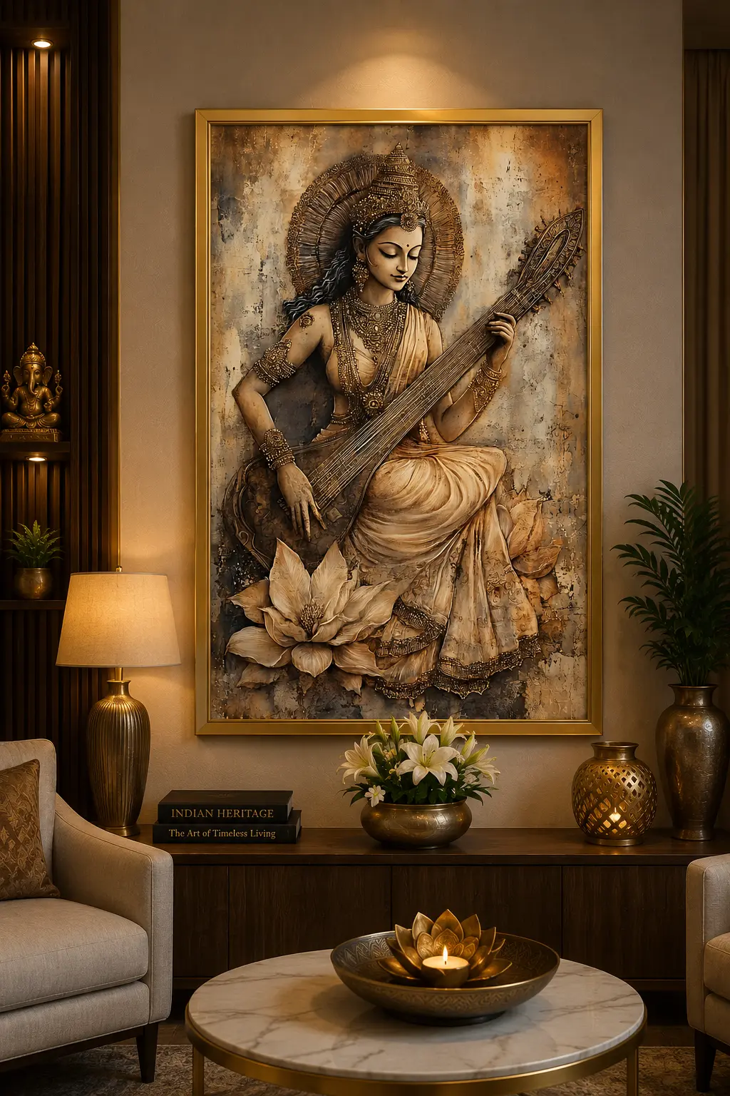 Vintage Saraswati Harmony Frame in Gold Frame – Antique Style Goddess Saraswati with Veena Framed Artwork