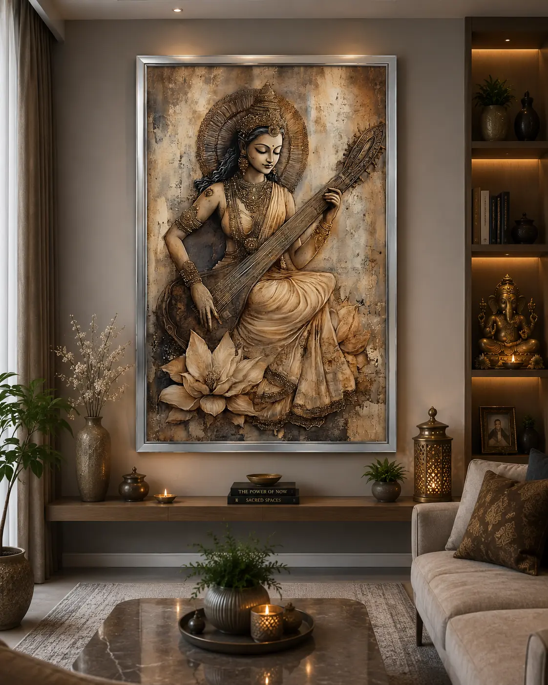Vintage Saraswati Harmony Frame in Silver Frame – Classic Goddess Saraswati Spiritual Wall Decor
