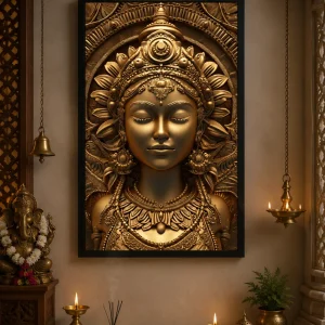 Golden Serenity Devi Frame in Black Frame – Divine Goddess Lakshmi Spiritual Wall Art
