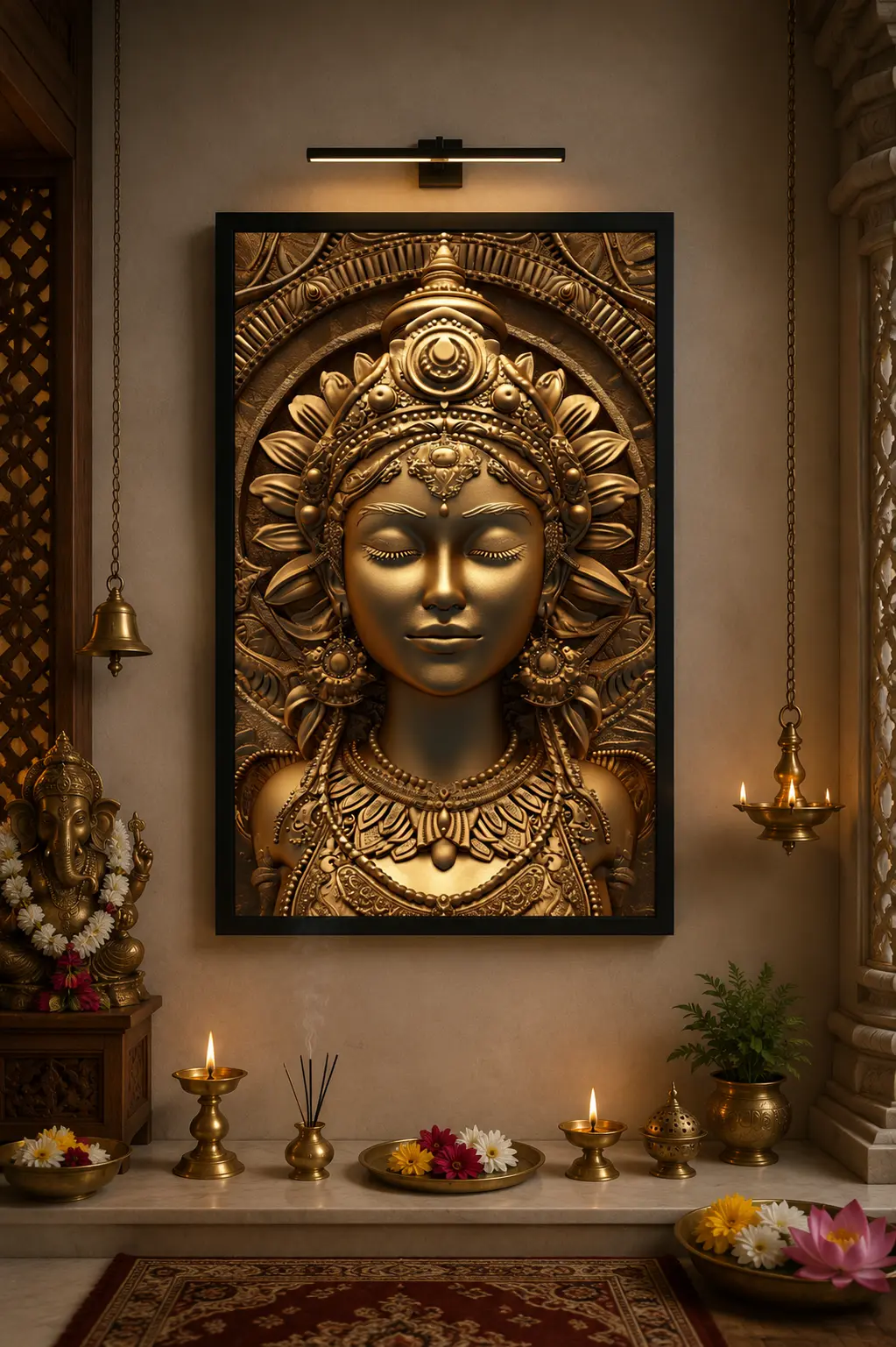 Golden Serenity Devi Frame in Black Frame – Divine Goddess Lakshmi Spiritual Wall Art