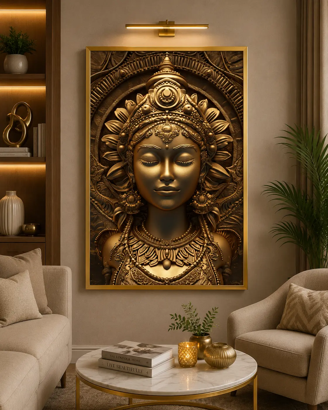 Golden Serenity Devi Frame in Gold Frame – Elegant Goddess Lakshmi Devotional Framed Artwork