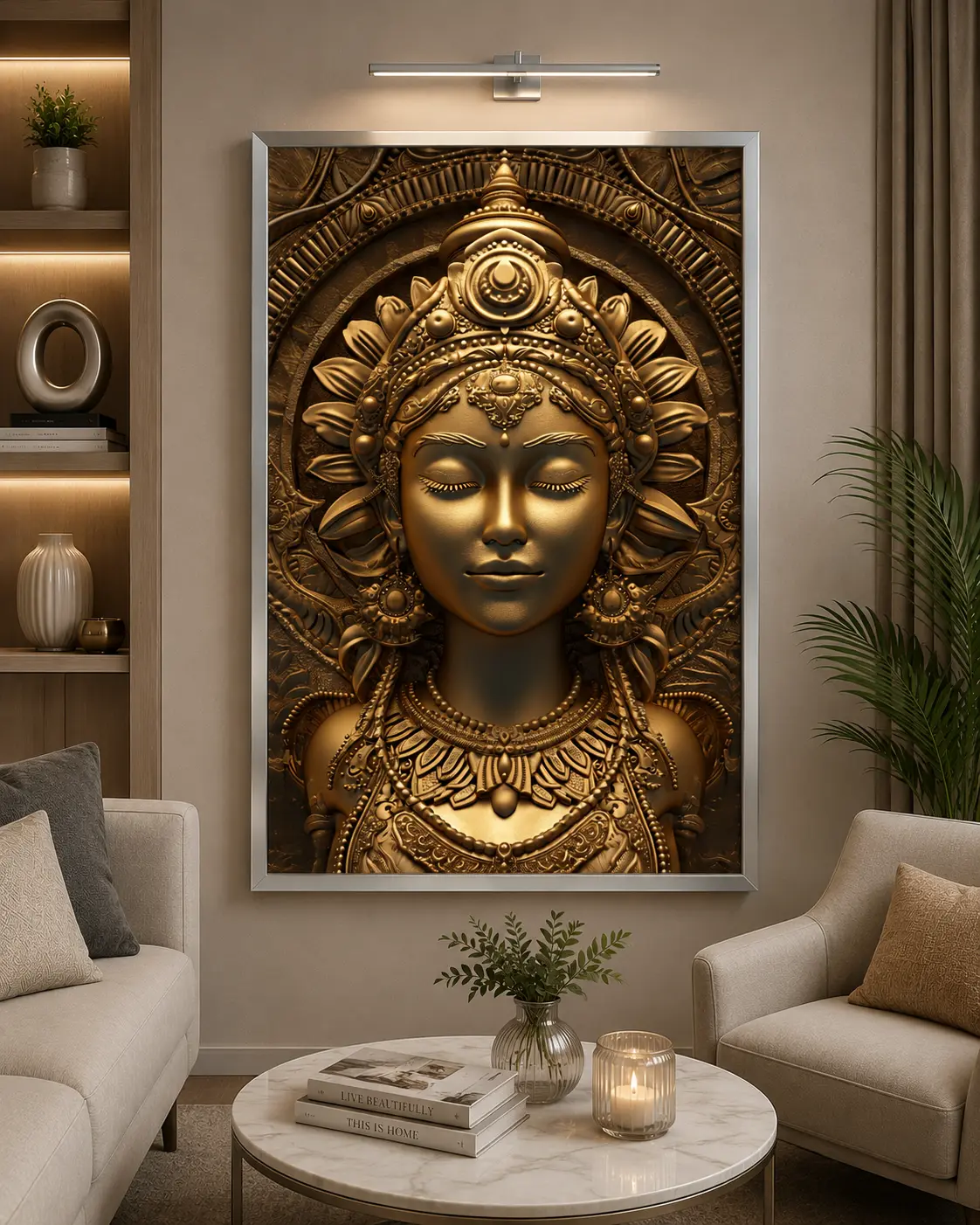 Golden Serenity Devi Frame in Silver Frame – Sacred Goddess Lakshmi Religious Wall Decor
