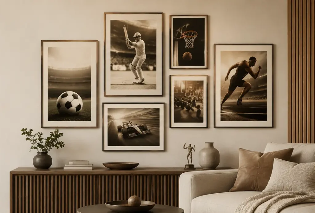 Modern living room with sports photo frames featuring football, cricket, basketball, racing, athletics and fitness artwork.