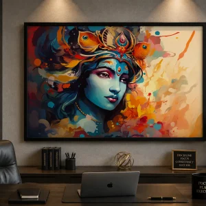 Divine Splash Krishna Frame in Black Frame – Colorful Lord Krishna Spiritual Wall Art