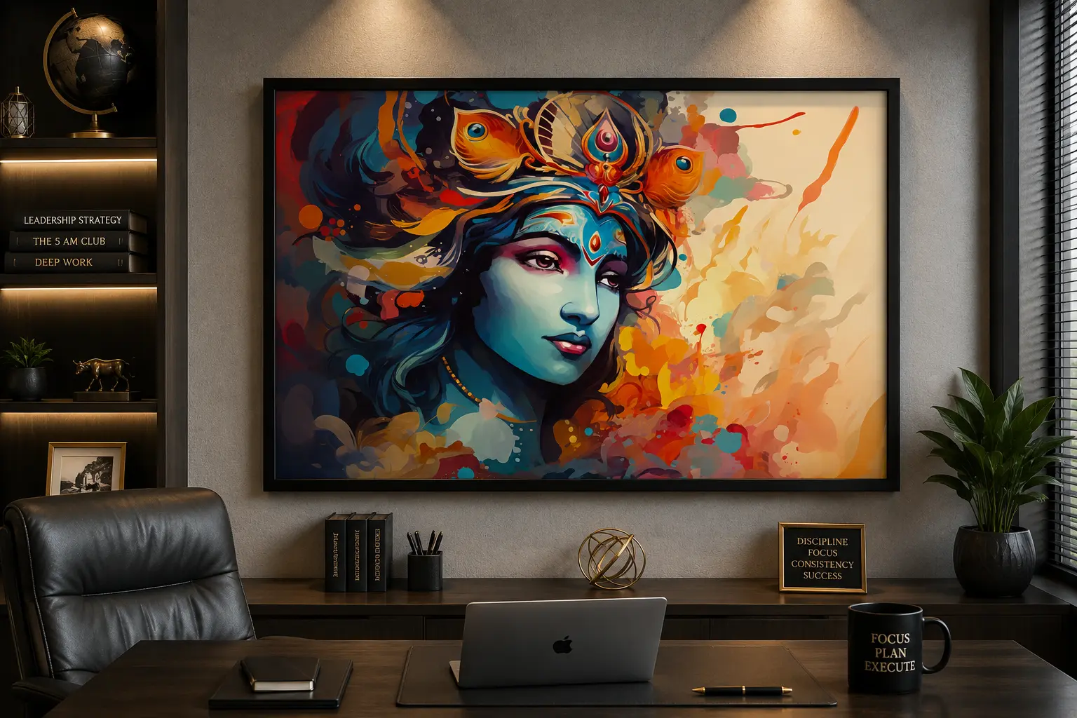 Divine Splash Krishna Frame in Black Frame – Colorful Lord Krishna Spiritual Wall Art