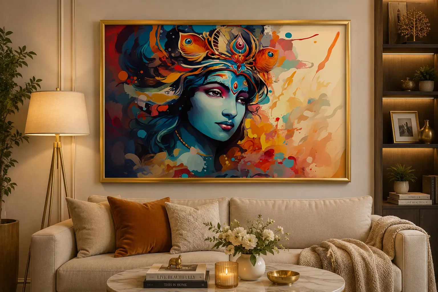 Divine Splash Krishna Frame in Gold Frame – Vibrant Lord Krishna Devotional Framed Artwork