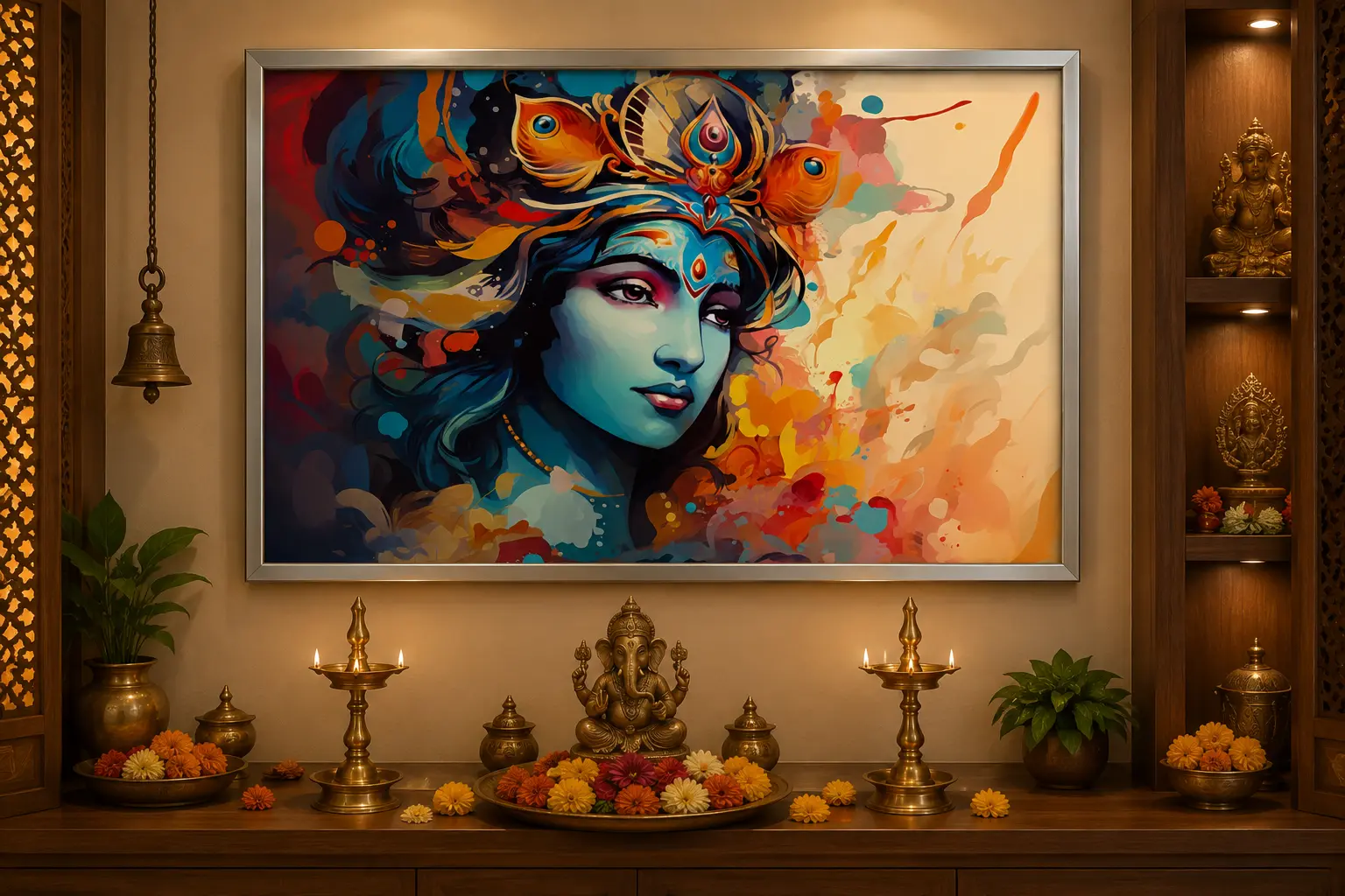Divine Splash Krishna Frame in Silver Frame – Artistic Lord Krishna Spiritual Wall Decor