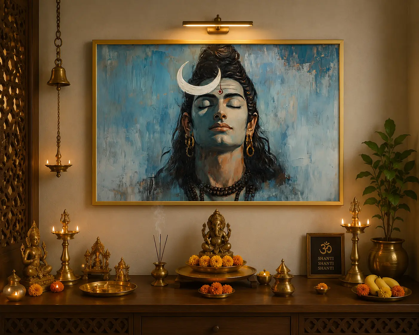 Shiva Tranquility Frame in Gold Frame – Serene Lord Shiva Spiritual Framed Artwork
