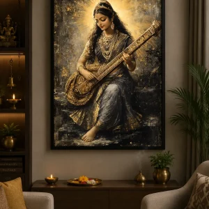 Veena Grace Saraswati Frame in Black Frame – Divine Goddess Saraswati Spiritual Wall Art
