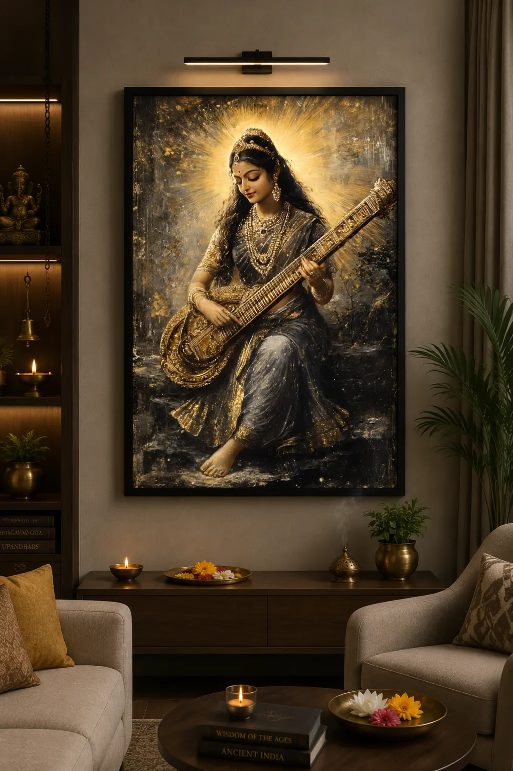 Veena Grace Saraswati Frame in Black Frame – Divine Goddess Saraswati Spiritual Wall Art