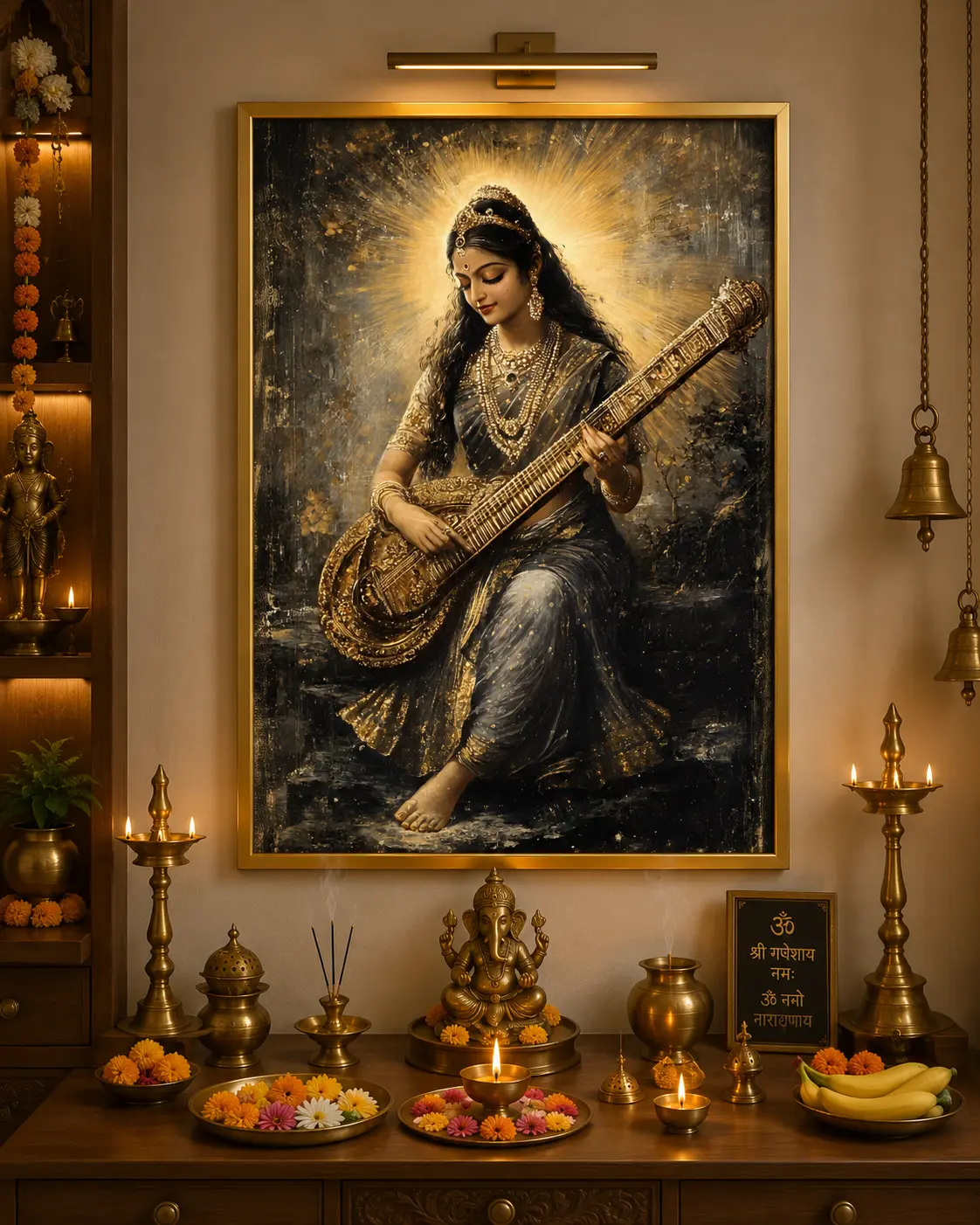 Veena Grace Saraswati Frame in Gold Frame – Elegant Goddess Saraswati with Veena Devotional Framed Artwork