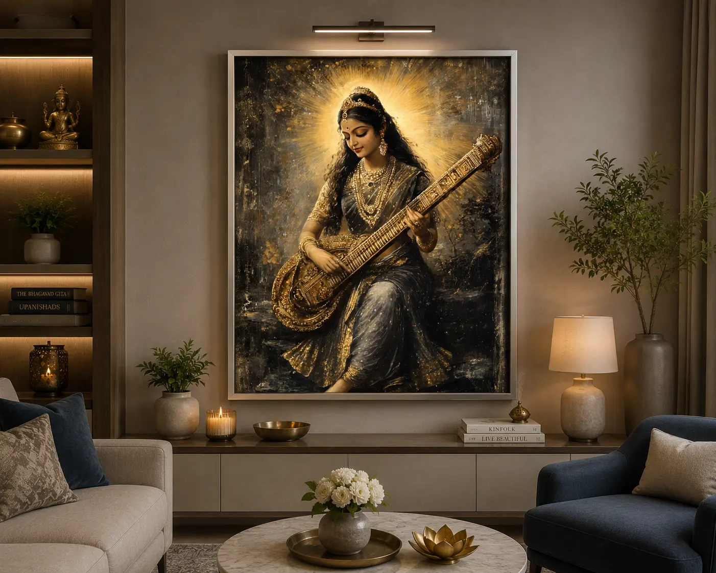 Veena Grace Saraswati Frame in Silver Frame – Sacred Goddess Saraswati Religious Wall Decor