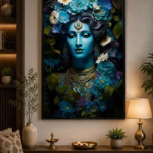 Floral Krishna Essence Frame in Black Frame – Lord Krishna with Floral Art Devotional Wall Art