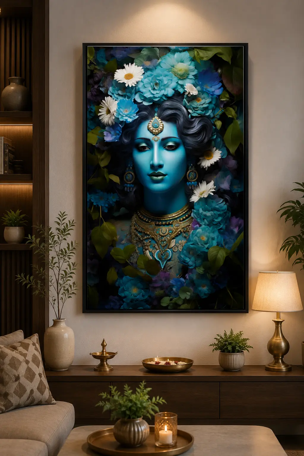 Floral Krishna Essence Frame in Black Frame – Lord Krishna with Floral Art Devotional Wall Art