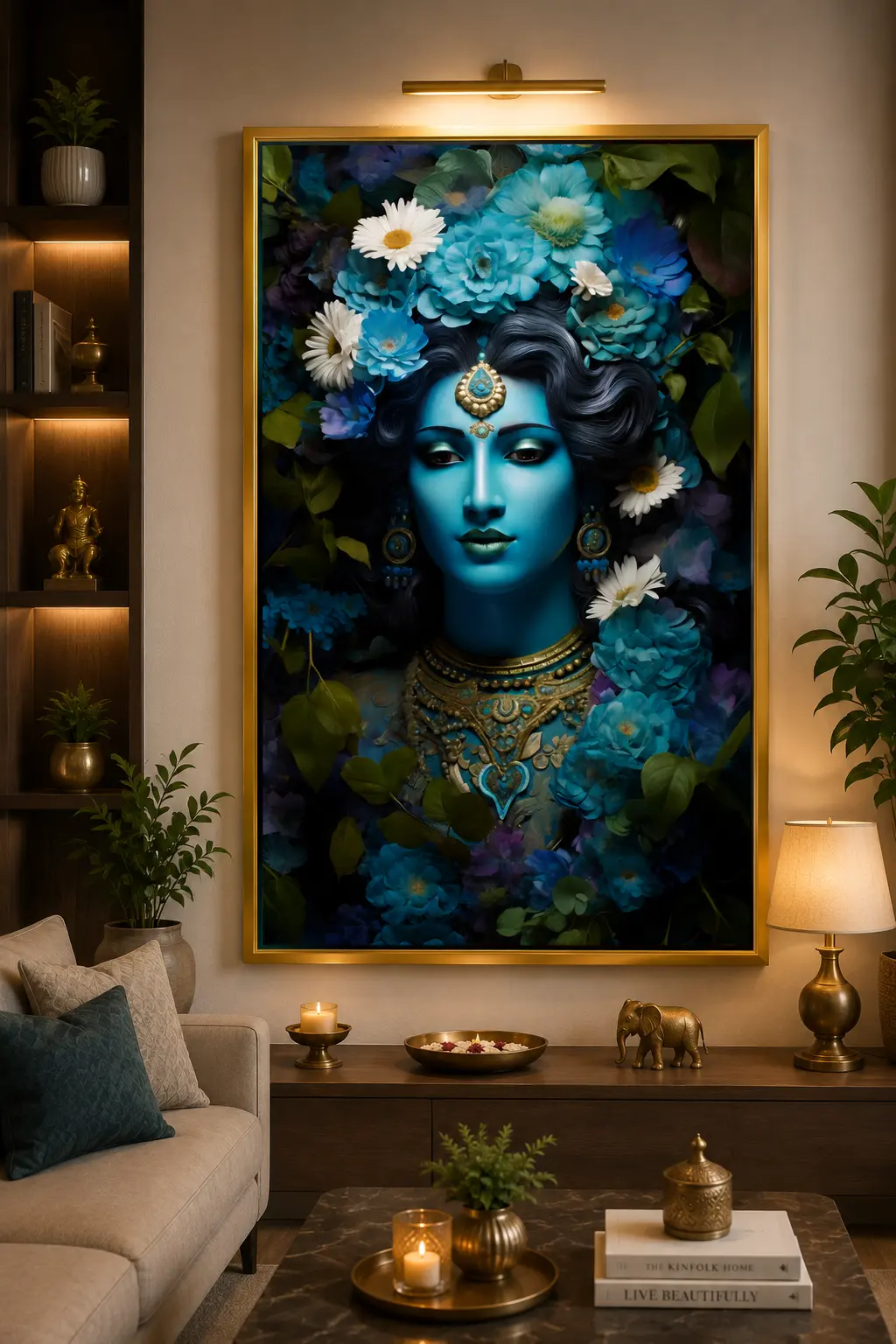 Floral Krishna Essence Frame in Gold Frame – Elegant Lord Krishna Surrounded by Floral Design Framed Artwork