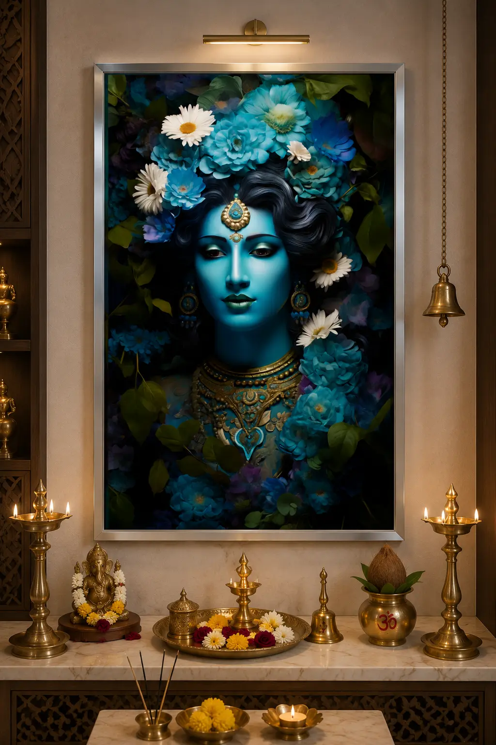 Floral Krishna Essence Frame in Silver Frame – Divine Lord Krishna Floral Spiritual Wall Decor
