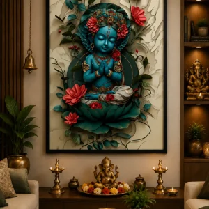 Lotus Blessing Balakrishna Frame in Black Frame – Divine Baby Krishna with Lotus Devotional Wall Art