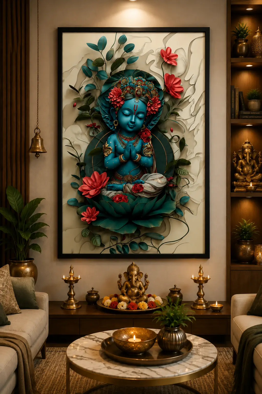 Lotus Blessing Balakrishna Frame in Black Frame – Divine Baby Krishna with Lotus Devotional Wall Art