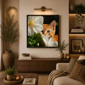 Curious Blossom Frame in Black Frame – Orange Kitten Behind White Blossoms Wall Art