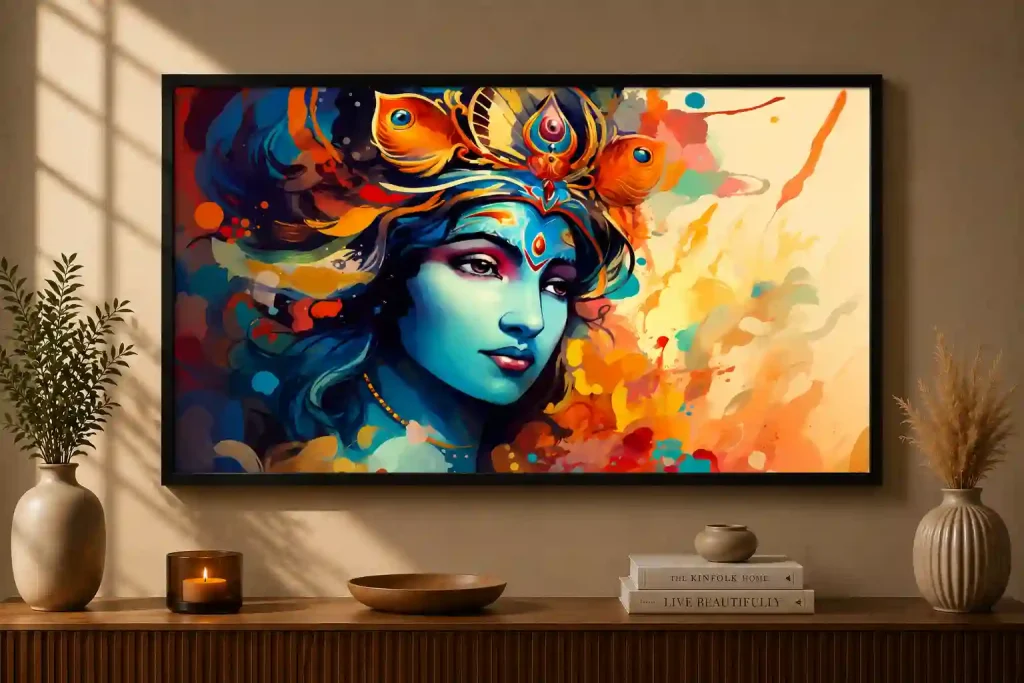 A vibrant, abstract painting of Lord Krishna in a black frame resting on a wooden console table, showcasing elegant wall frames for living room styling.