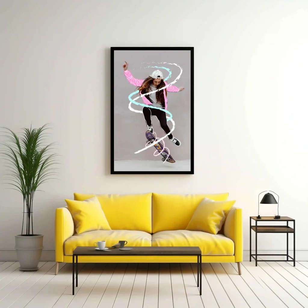 A modern living space featuring a bright yellow sofa with a large, dynamic skateboarder graphic art piece hanging above as a bold wall frame for living room decor.